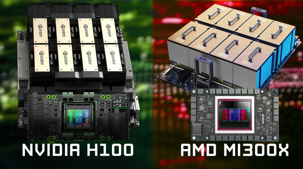 NVIDIA H100 and AMD MI300X GPUs comparison graphic