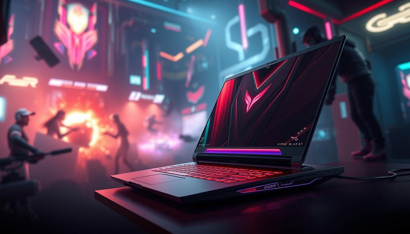 Gaming laptop on desk with neon lights background