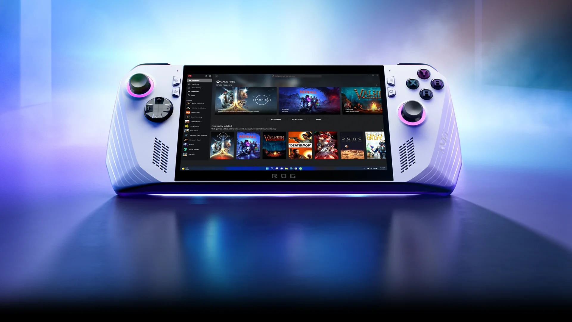 Portable gaming console on illuminated blue background.