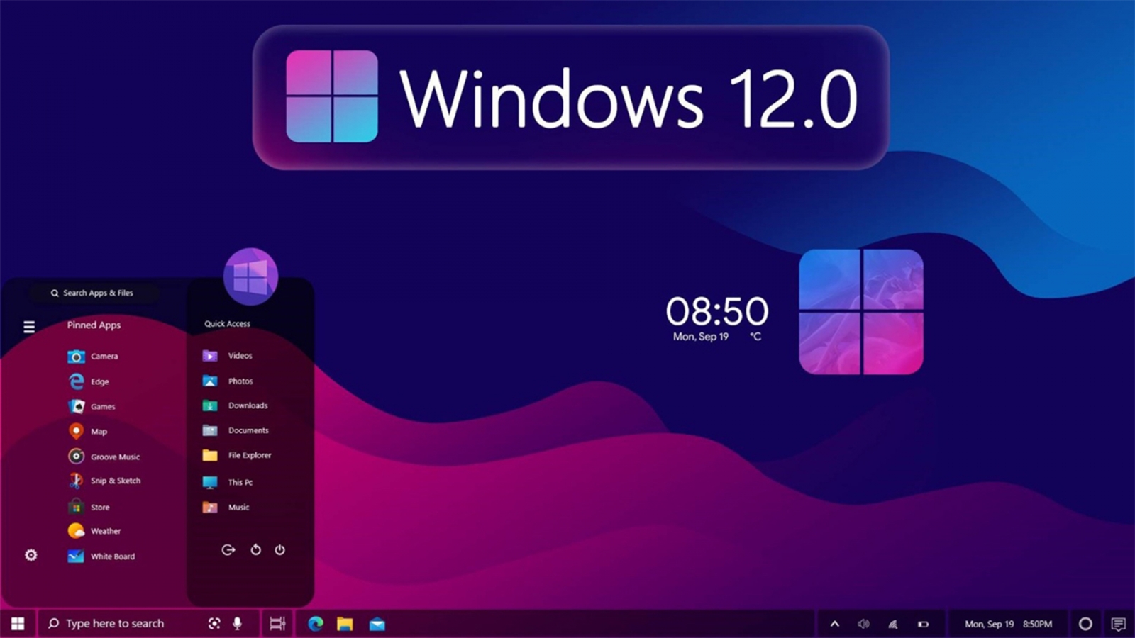 Windows 12 desktop interface with start menu mockup
